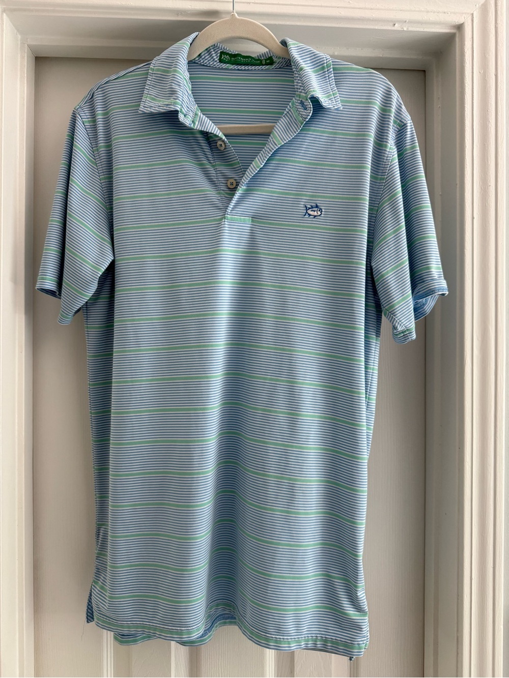 Southern Tide Light Blue Polo with Mint Stripe Accents - Men